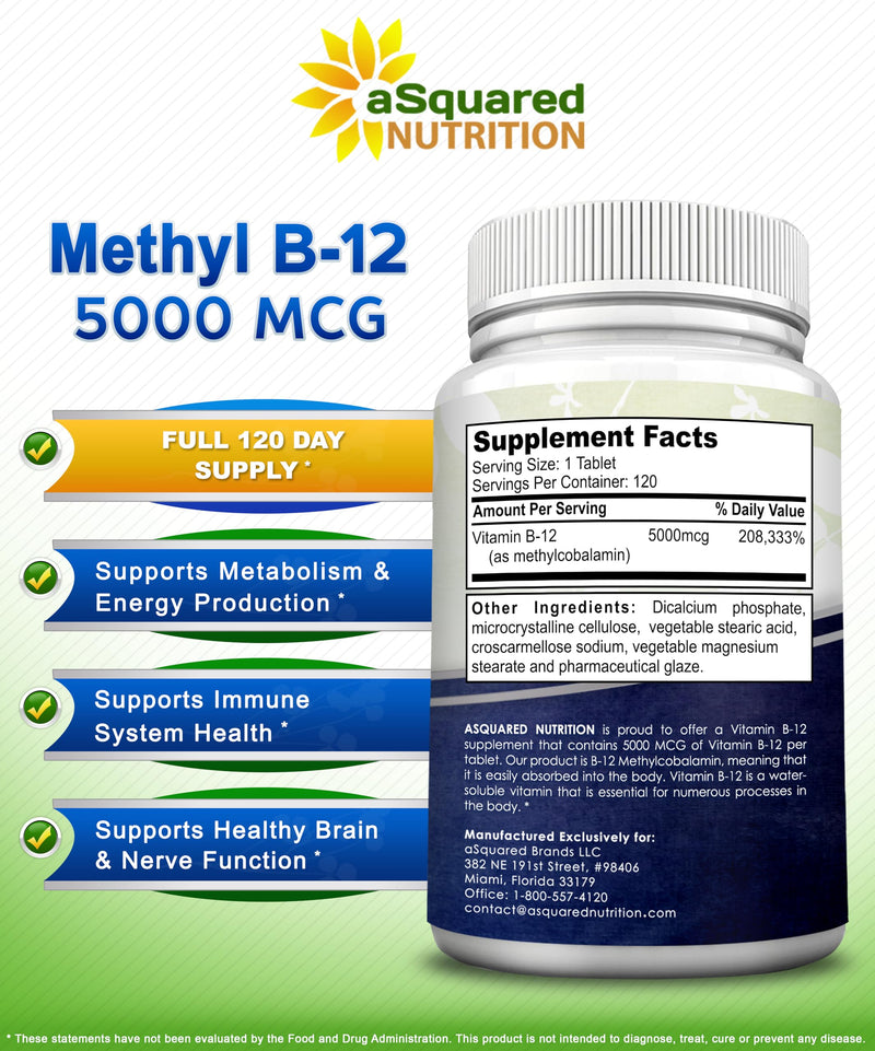 Vitamin B12 - 5000 MCG Supplement with Methylcobalamin (Methyl B-12) - 120 | Max Strength B12 Vitamins - 120 Tablets - Methylated Vit B 12 Support for Men & Women - Help Boost Energy & Brain Health