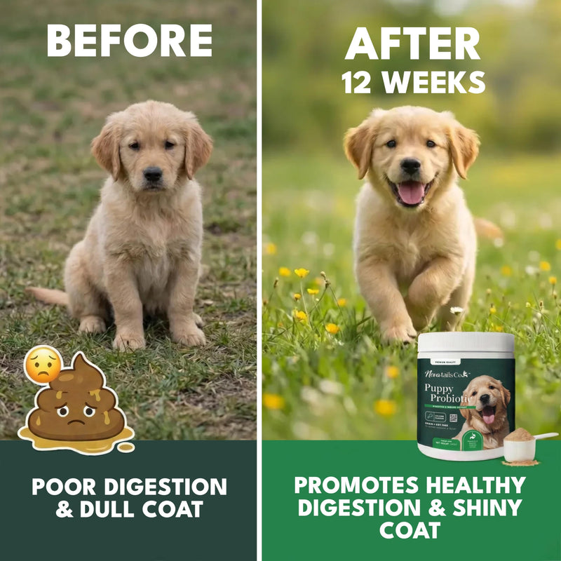 Puppy Probiotic Powder for Digestive Health & Diarrhea Relief, Gut Health Supplement with Prebiotics & Colostrum, Relieves Itchy Skin & Supports Immune System, Chicken Flavor, 14oz | NovaTails Co.
