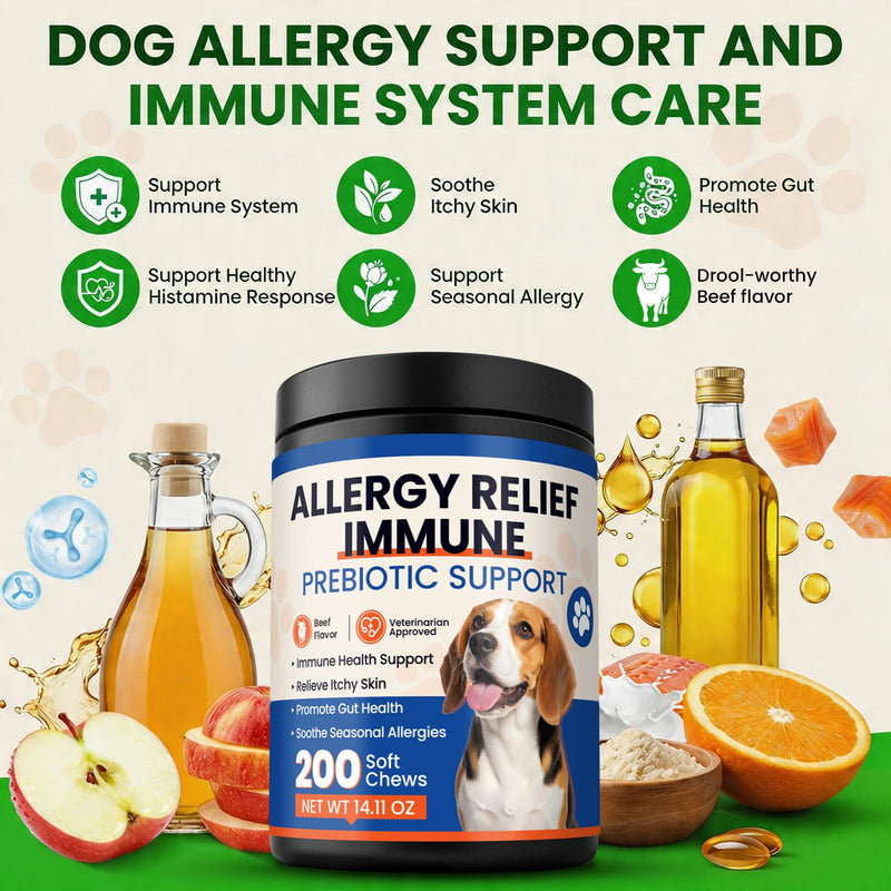 Dog Allergy Chews 200 Ct - Itch Relief for Dogs Immune Support with Colostrum Probiotics & Omega 3 - Seasonal Allergies Anti-Itch Skin & Coat Supplement, Itchy Skin & Paw Relief Bites - Beef Flavor