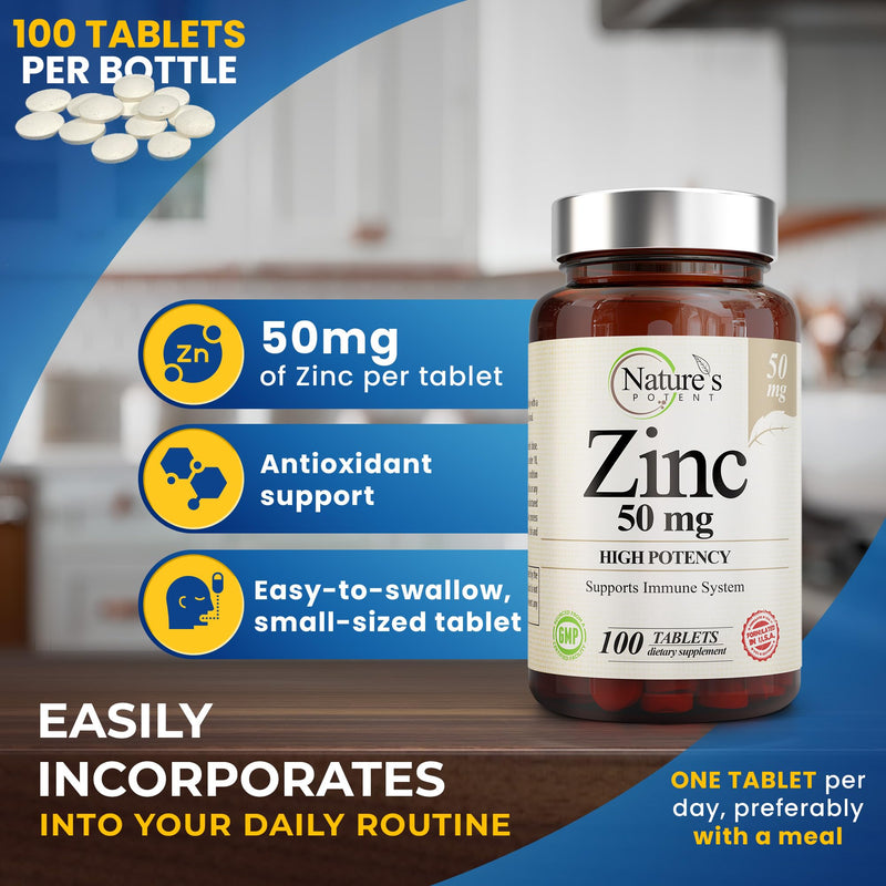 Zinc 50mg [High Potency] Supplement - Immune Support System from Natural Zinc (Oxide/Citrate) 100 Tablets, Made by Nature’s Potent. - BeesActive Australia