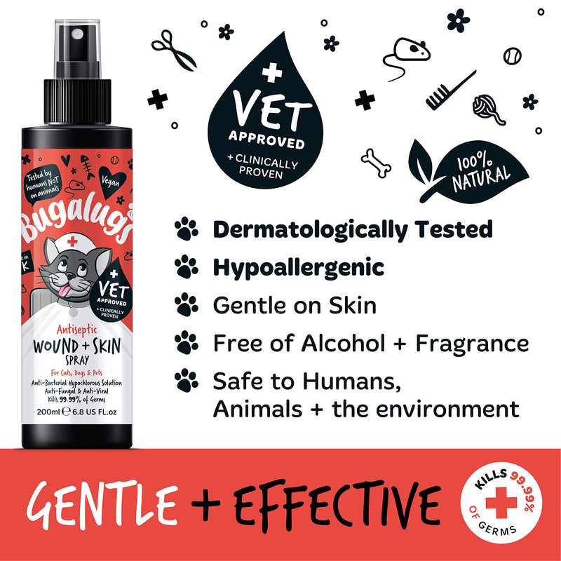 BUGALUGS Cat Wound & Skin Antiseptic spray 200ml - Antibacterial, Antiviral, Antifungal spray for itchy cat skin relief - Hypochlorous acid essential first aid kit for Cats and Pets Cat 200ml
