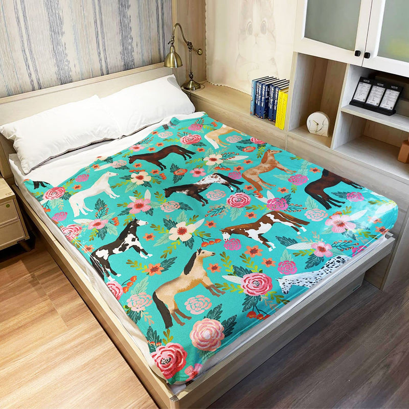 Flower Horse Throw Blanket Horse Green with Flowers Fleece Blanket Soft Warm Cozy for Sofa Couch Bed 50"x60" 50"x60" Flower Horse - BeesActive Australia