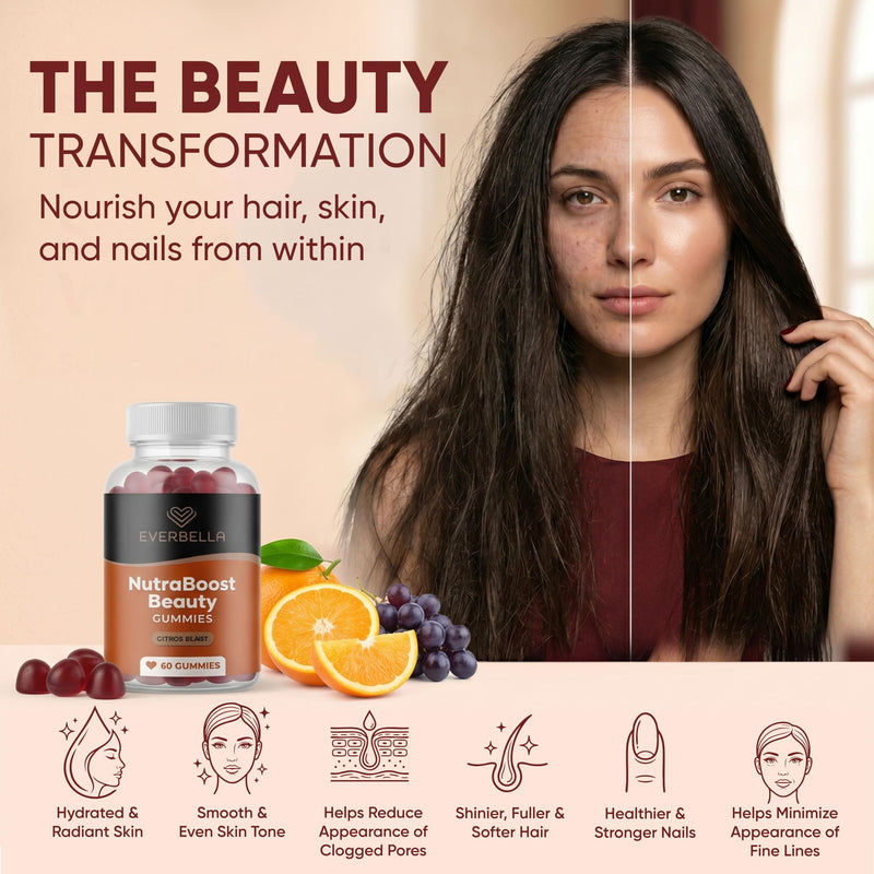 NutraBoost Beauty Gummies | Beauty Support Formula with Amino Acids, Bamboo Silica, Resveratrol, Biotin & Vitmain C | Support Skin, Nails & Hair Growth | Citrus Flavor, 30 Days Supply