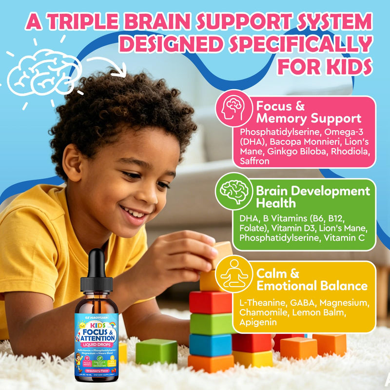 Kids Focus and Attention Supplements with Phosphatidylserine, Omega-3, Magnesium Glycinate, L-Theanine, Folate, Brain Vitamins Liquid Drops for Kids Memory, Cognitive, Sleep & Mood,Strawberry,4 Fl Oz Strawberry 2 Fl Oz (Pack of 2)