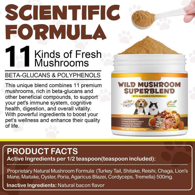 Mushroom Supplement Powder for Dogs & Cats, 11 Mushroom Powder Blend Natural Dog Digestive & Immune Support Chaga, Reishi, Lion's Mane, Turkey Tail, Bacon Flavor 120g.