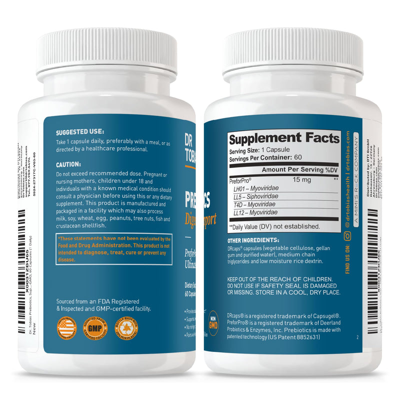 Dr. Tobias Prebiotics Digestive Support, Advanced Prebiotic Supplement for Gut Health, Immune Function & Boost for Probiotics for Women & Men, Vegan, Non-GMO, 60 Capsules, 60 Servings 60 Count (Pack of 1)