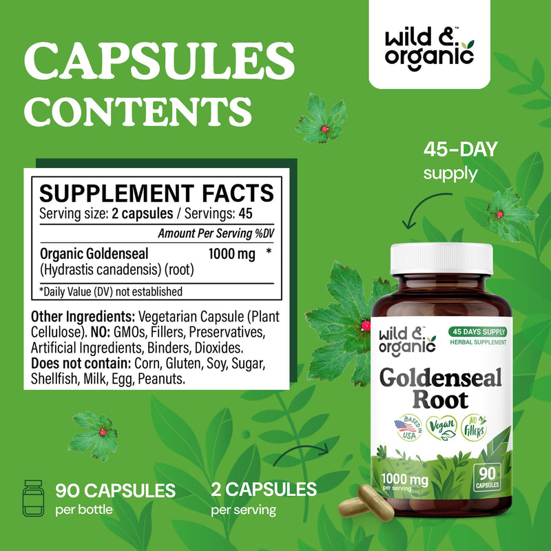 Wild & Organic Goldenseal Root Capsules 1000mg - Immune & Lung Support - 90 Goldenseal Root Powder Capsules - 45 Days Supply - Vegan, No Fillers, Non-GMO - BeesActive Australia