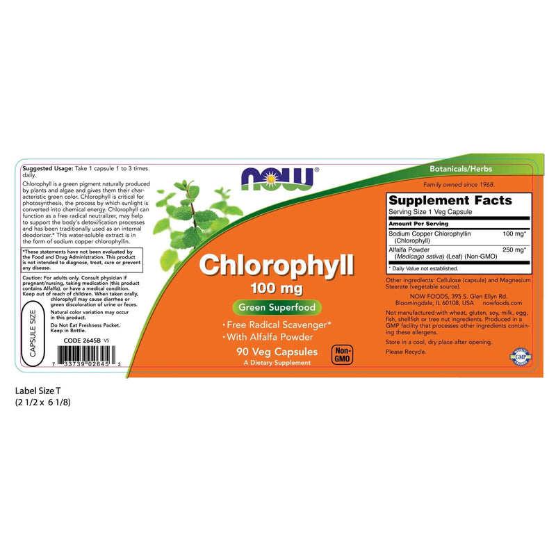 NOW Foods Supplements, Chlorophyll 100 mg with Alfalfa Powder, Green Superfood, 90 Veg Capsules - BeesActive Australia