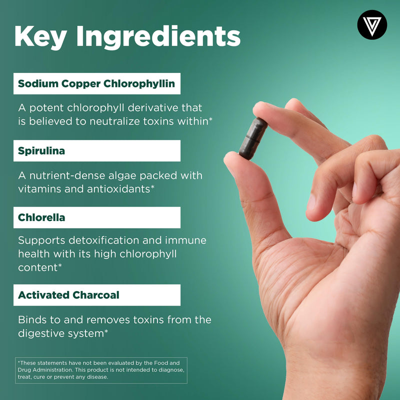 Vital Vitamins Chlorophyll Pills with Spirulina, Chlorella & Charcoal | Detoxifies & Freshens from Within, Natural Body Deodorizer, Superfood Complex for Women & Men, 60 Capsules 60 Count (Pack of 1)