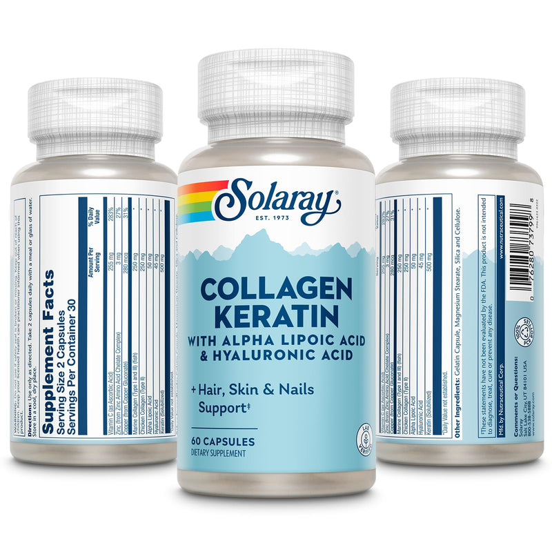 SOLARAY Collagen Keratin with Alpha Lipoic Acid & Hyaluronic Acid, 60 Caps | Hair, Skin, Nail & Joint Support, Types I, II & III Collagen with Keratin, 30 Servings, Lab Verified
