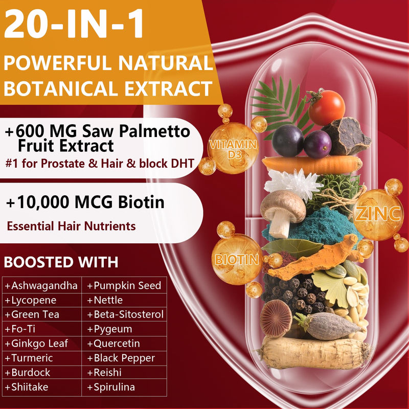 DHT Blocker for Men with Saw Palmetto & Biotin 10000mcg, 180 Capsules | Hair Growth 1900mg DHT blocker formula with 20-in-1 herbal blend with 600mg Saw Palmetto, & Ashwagandha, Zinc & Vitamin D 90 Count (Pack of 2)