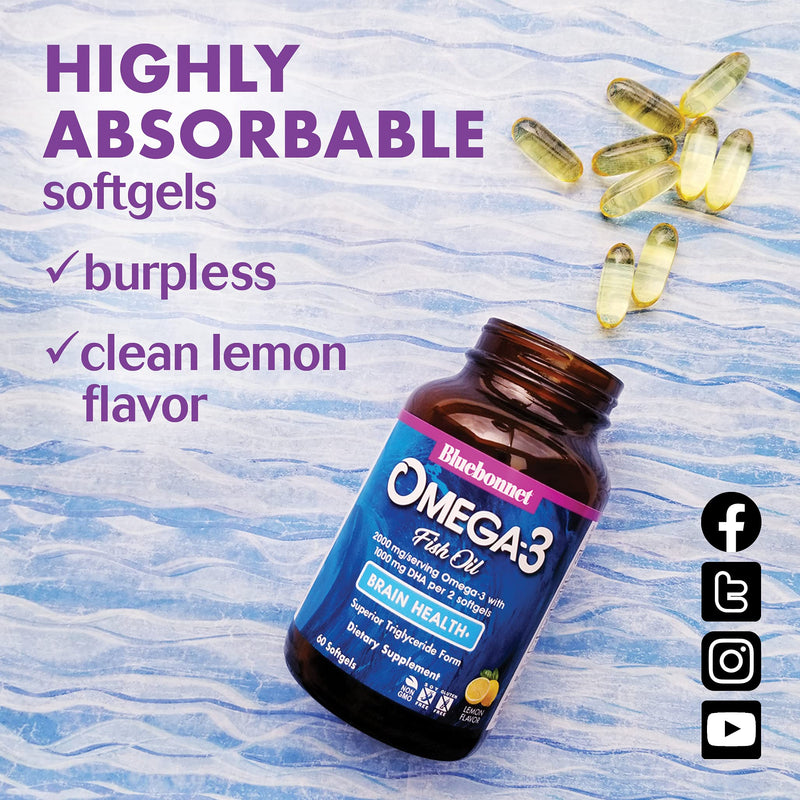 Bluebonnet Nutrition Omega-3 Brain Formula Natural Wild Caught Triglyceride Form DHA 860 mg EPA 120 mg - Highly Concentrated Cognitive Health & Wellness Support Supplement - Gluten-Free - 60 Softgels | Brain Health; Gluten-Free, Soy-Free, Dairy-Free