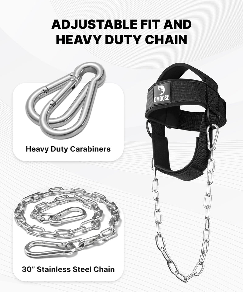 DMoose Fitness Neck Harness for Weight Lifting - Soft Padded Head & Chin Strap with 30" Heavy Duty Steel Chain - Neck Exerciser, Trainer & Strengthener to Support Injury Recovery and Intense Workouts With Support Strap Black