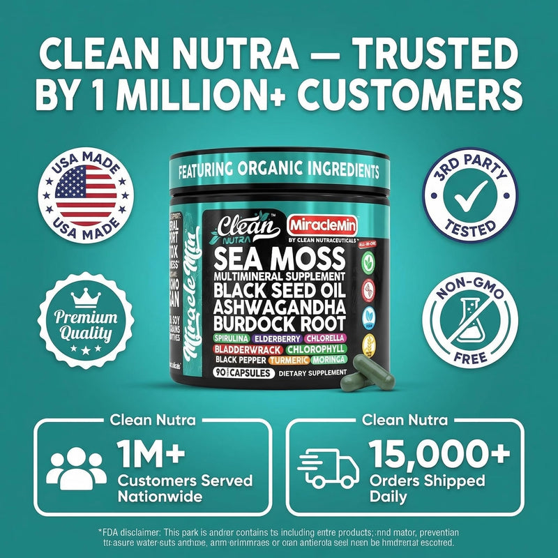 Clean Nutra Organic Sea Moss Capsules with Ashwagandha, Black Seed Oil, Burdock Root, Bladderwrack, Moringa, Chlorella, Spirulina, Turmeric, Elderberry, Amla � 90 Vegan Capsules � MiracleMin 1