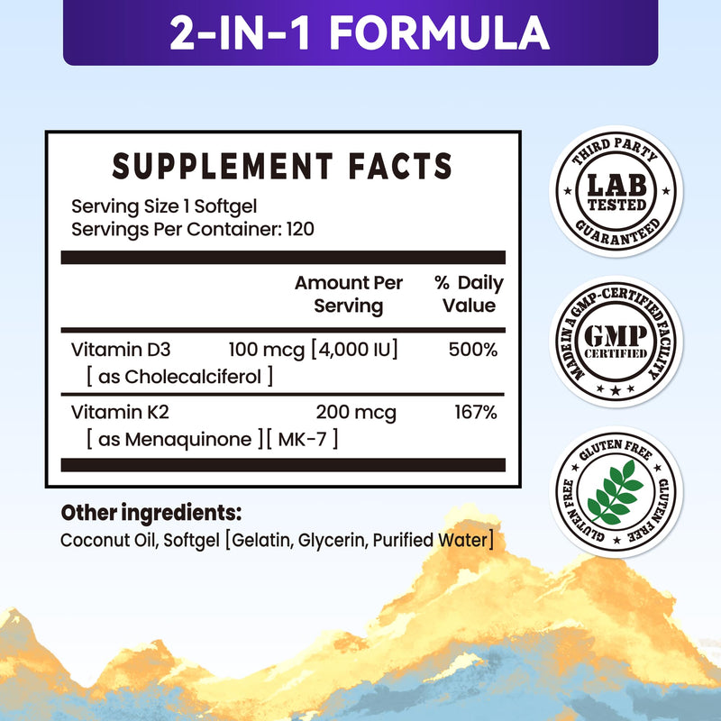 4000 IU Vitamin D3 & 200 mcg K2 MK-7 Vitamin K2 (MK7) with D3 Supplement Supports Bone, Calcium Balance, Immunity & Mood 2 in 1 Formula Easy to Swallow D & K Complex, 120 Softgels