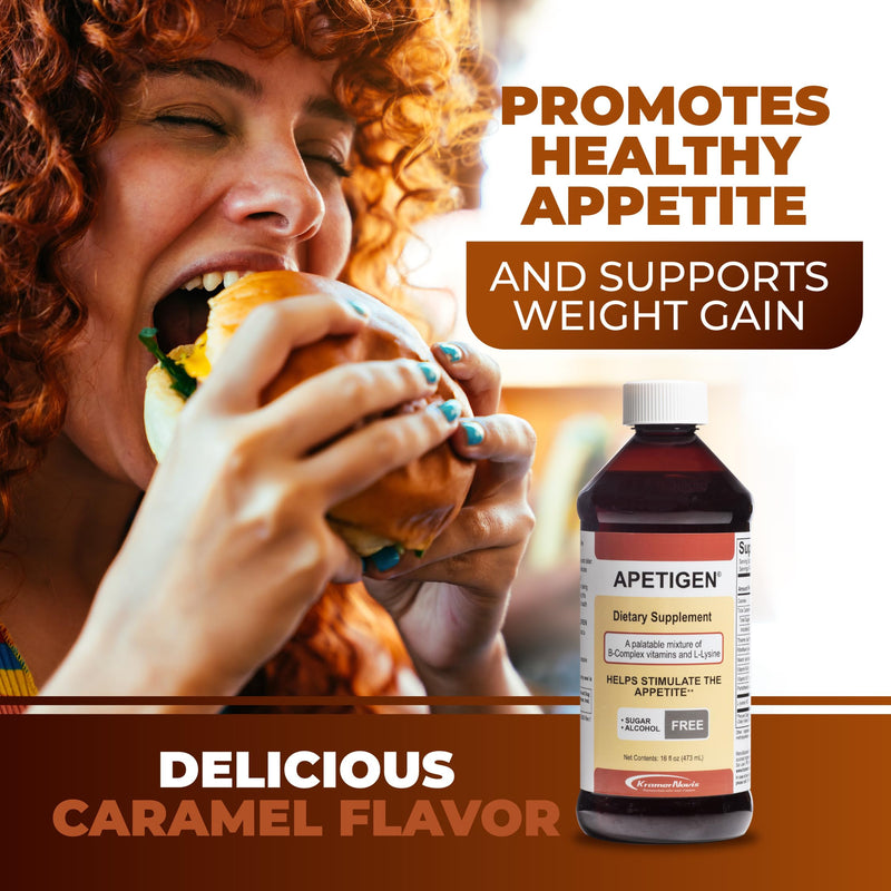 Appetite Stimulant for Kids & Adults – Vitamin B-Complex with L-Lysine Liquid – Sugar Free Weight Gain Supplement for Picky Eaters – Caramel Flavor, 16oz