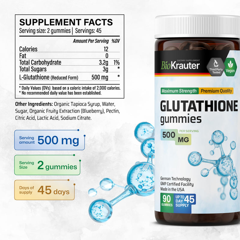 BIO KRAUTER Glutathione Supplement for Skin, Beauty & Antioxidant Support | Glutathione Gummies for Clear Skin & Daily Wellness, 45-Day Supply, Blueberry Flavor, 90 Gummies 90 Count (Pack of 1)