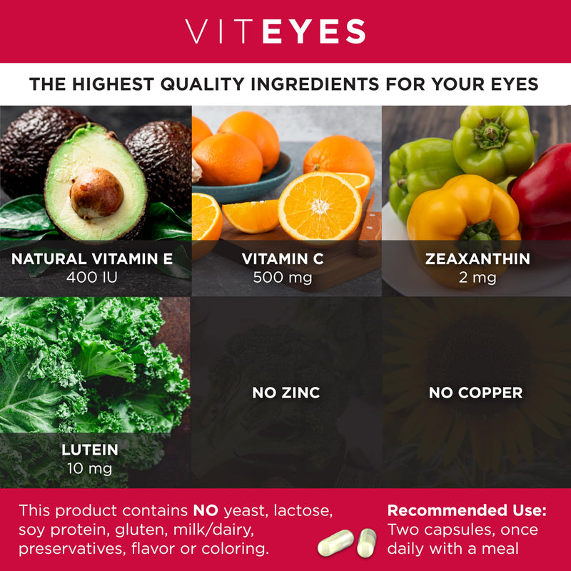Viteyes AREDS 2 Zinc Free Macular Support, Natural Allergen Free Capsules with Vitamin E, Vitamin C, Lutein & Zeaxanthin, No Zinc, No Copper, Eye Doctor Trusted, Manufactured in the USA, 60 Ct 60 Count (Pack of 1)
