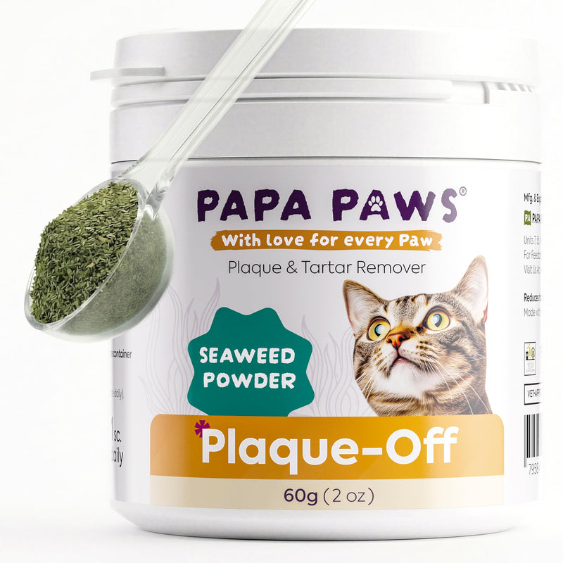 Plaque-Off Cat Dental Powder, Scottish Seaweed Tartar Remover Food Topper with Probiotics & Digestive Enzymes, Fresh Breath Support – 60g (2.1oz) Jar with Spoon For Cats