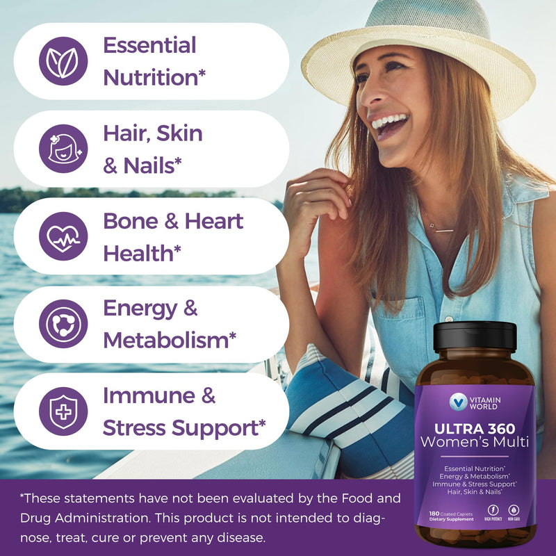Vitamin World Ultra 360 Multivitamin for Women, Hair, Skin & Nails Support | Women's Multivitamin with Herbs & Collagen, Iron, Vitamin A, B, C, D, E for Energy & Immune Support, 180 Caplets 180 Count (Pack of 1)