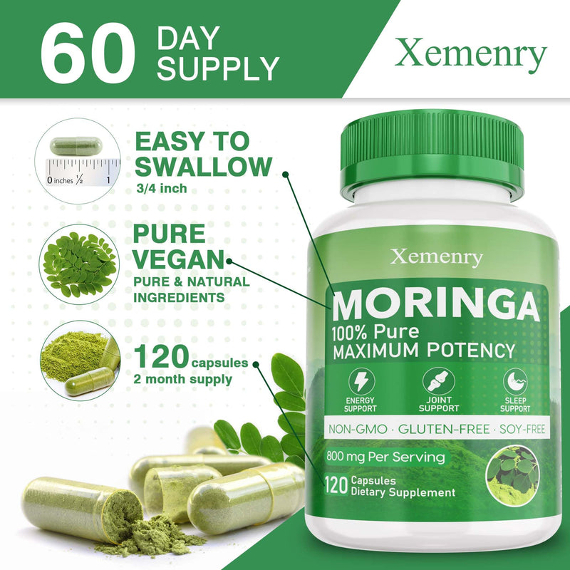 Moringa Capsules, Pure Moringa Powder Capsules - Supports Energy, Immune Support, Gut Health, Green Superfood with Vitamins & Amino Acids - 120 Capsules