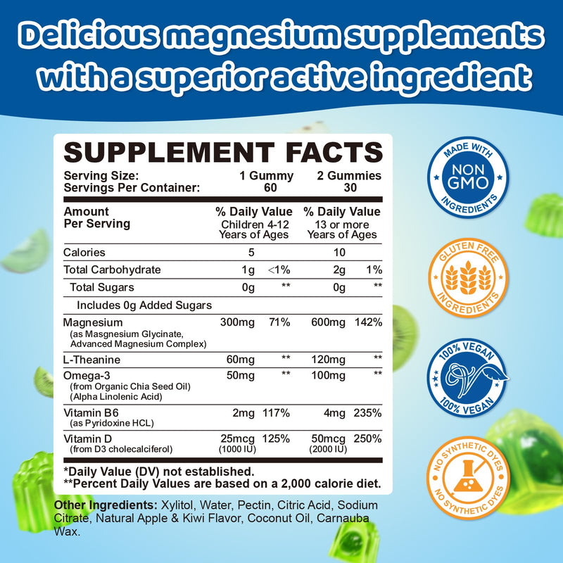 2PCS Center-Filled Magnesium Gummies for Kids 300MG - Magnesium Glycinate Gummies with L-theanine, Omega-3, Vitamin B6, D for Kids & Adults, Supplement for Sleep, Calm & Muscle Relaxation Apple & Kiwi 60 Count (Pack of 2)