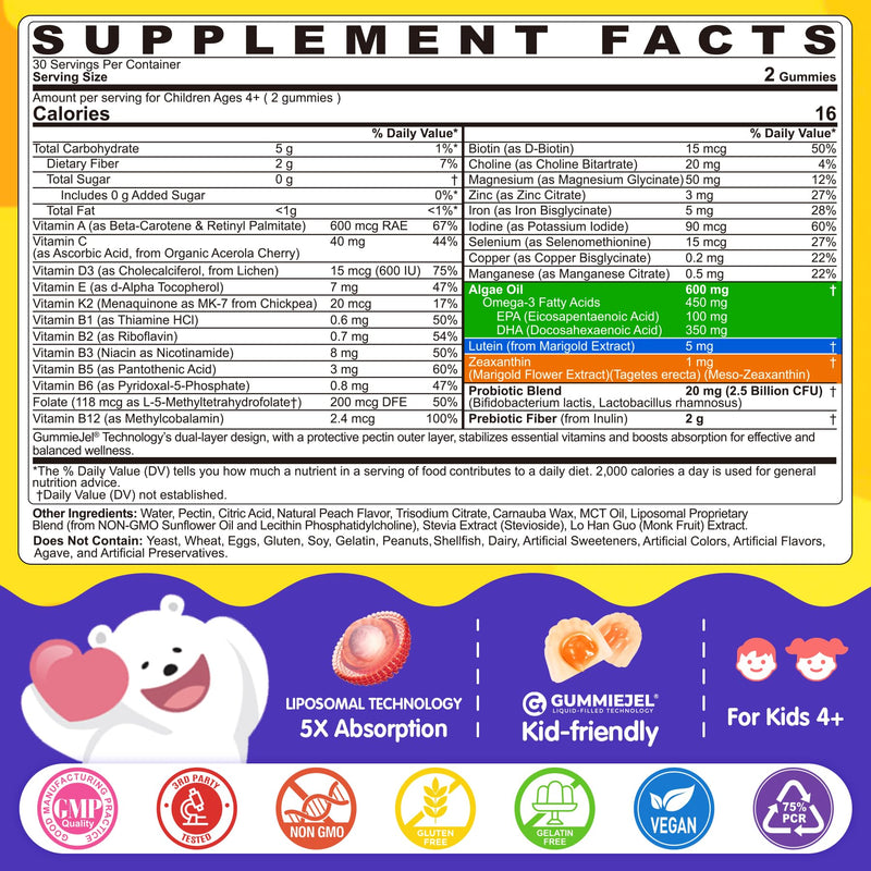 Kids Multivitamin Gummies + Iron, Kids Focus Gummies with Omega-3, Brain Attention Supplements, Memory, Vision, w/ Lutein, Methylated Folate & B12, Probiotics, Fiber, Children Vitamins for Growth 60 Count (Pack of 1)