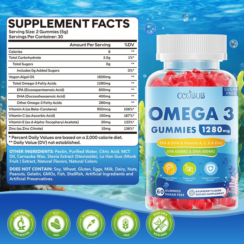 Omega 3 Gummies 1280mg, Omega 3 Supplements for Women, Raspberry,120 Count | Vegan Omega 3 Fatty Acid Supplements, w/EPA 600mg & DHA 400mg &Vitamins - for Brain, Eye, Immune Health, Sugar Free
