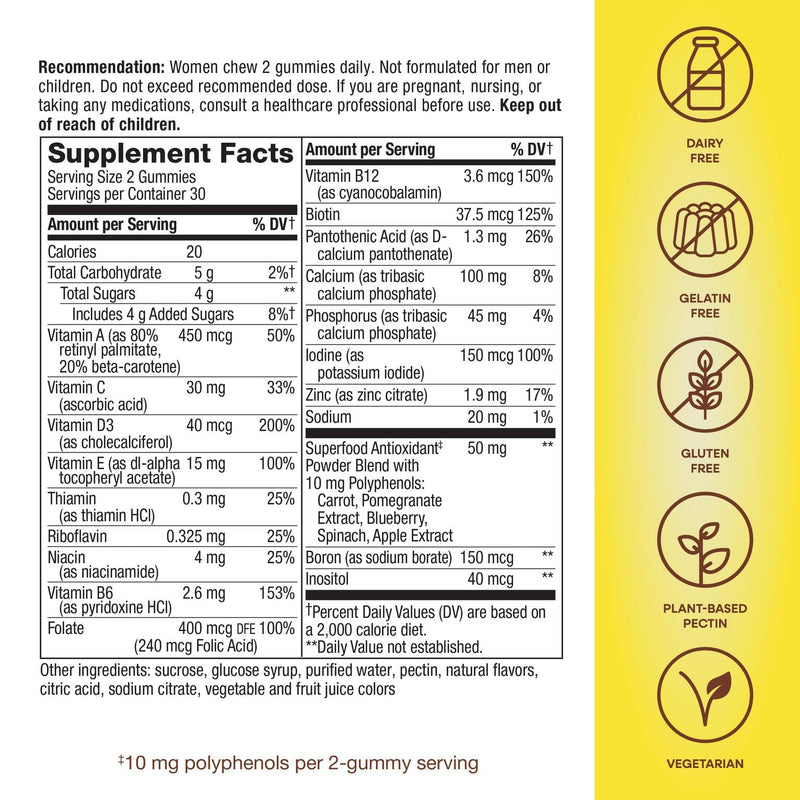 Nature's Way Alive! Women’s Multivitamin Gummy, Vitamins A, C, D3, E, 60ct | Berry Flavored, Daily Chewable Multivitamins for Women, B-Vitamins, Supports Immune, Heart, & Muscle Function* 60 Count (Pack of 1)
