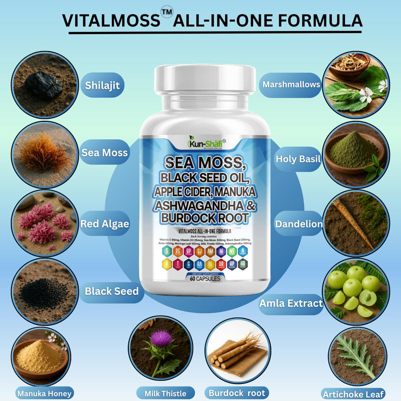 Sea Moss Complex – with Black Seed Oil, Shilajit, Amla, Moringa, Turmeric, Ashwagandha & Burdock – Enriched with Vitamin C, D3, Chlorophyll, Manuka & Ginger – 60 Capsules