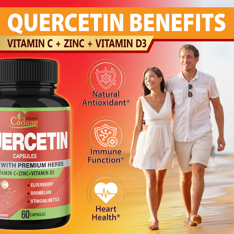 Organic Cadane Quercetin Extract Capsules - Combined with VitC, Zn.C, VitD3, Elderberry, Bromelain, Nettle, Ginger, Echinacea, Garlic, Pepper - 60 Capsules