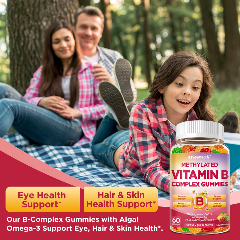 Methylated Vitamin B Complex Gummies for Women & Men with Vitamin B1, B2, B3, B5, B6, B7, B9, B12 & Magnesium, Omega-3, CoQ10, Supports Brain Health, Energy, Immune, Sugar Free, Fruit Flavor, 120ct Mixed Fruit 60 Count (Pack of 2)