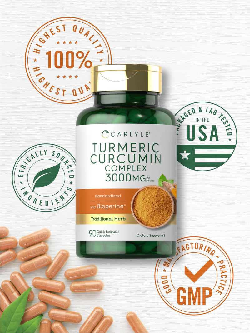 Carlyle Turmeric Curcumin with Black Pepper 3000mg | 90 Powder Capsules | Complex Supplement with Bioperine | Non-GMO, Gluten Free - BeesActive Australia