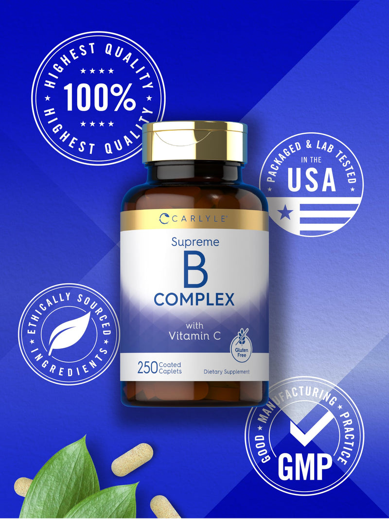 Carlyle B-Complex with Vitamin C & Folic Acid | 250 Caplets | For Women and Men | Vegetarian, Non-GMO, Gluten Free Supplement 250 Count (Pack of 1)