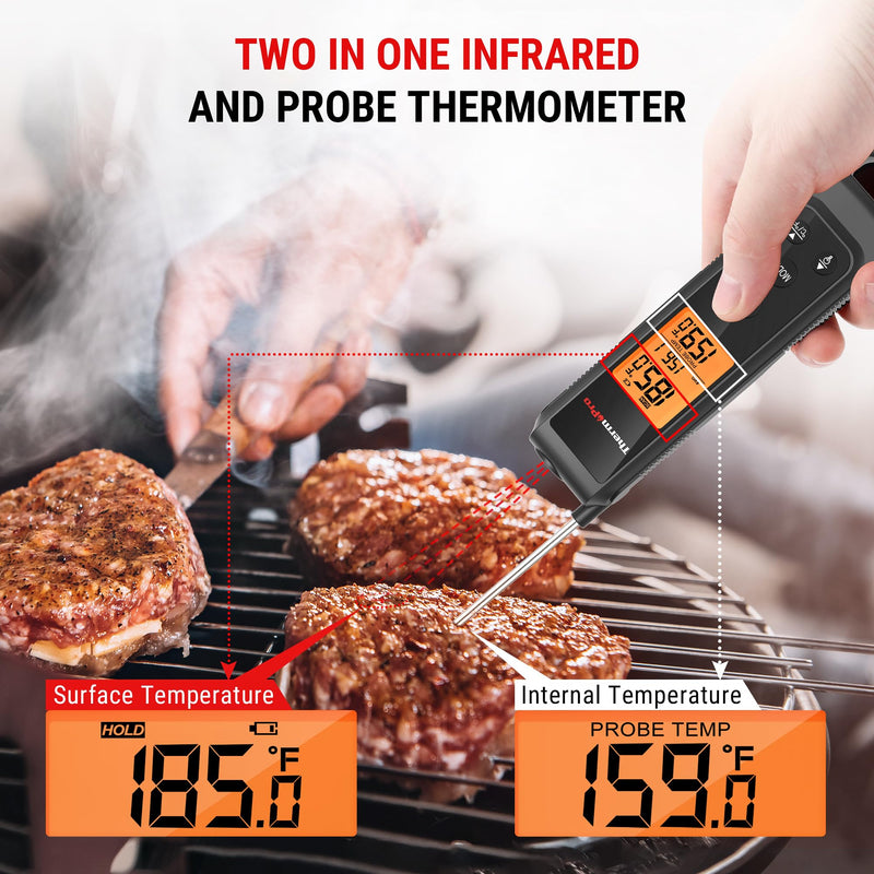 ThermoPro 2-in-1 Instant Read Thermometer for Cooking, Infrared Thermometer Cooking Thermometer with Meat Probe, Non-Contact Laser Meat Thermometer for Griddle Grill Pizza Oven HVAC Pool, Black - BeesActive Australia