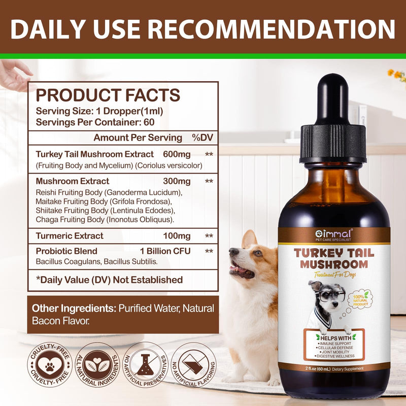 Turkey Tail Mushroom for Dogs - Critical Immune Defense Dogs, Turkey Tail Mushroom Liquid Extract for Immune & Digestive Drops for Pet, with 5X Mushrooms, Turmeric & Probiotic 2 oz for dog