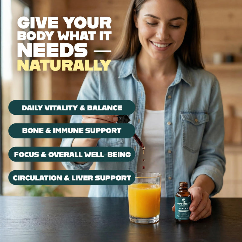Optimize Vitaminz Liquid Vitamin D3 K2 Drops with Dandelion Root & Bilberry | Immune, Liver & Bone Support, MK-7 Formula, Fast Absorption Liquid Multivitamin, 30 Day Supply, 2 Fl Oz