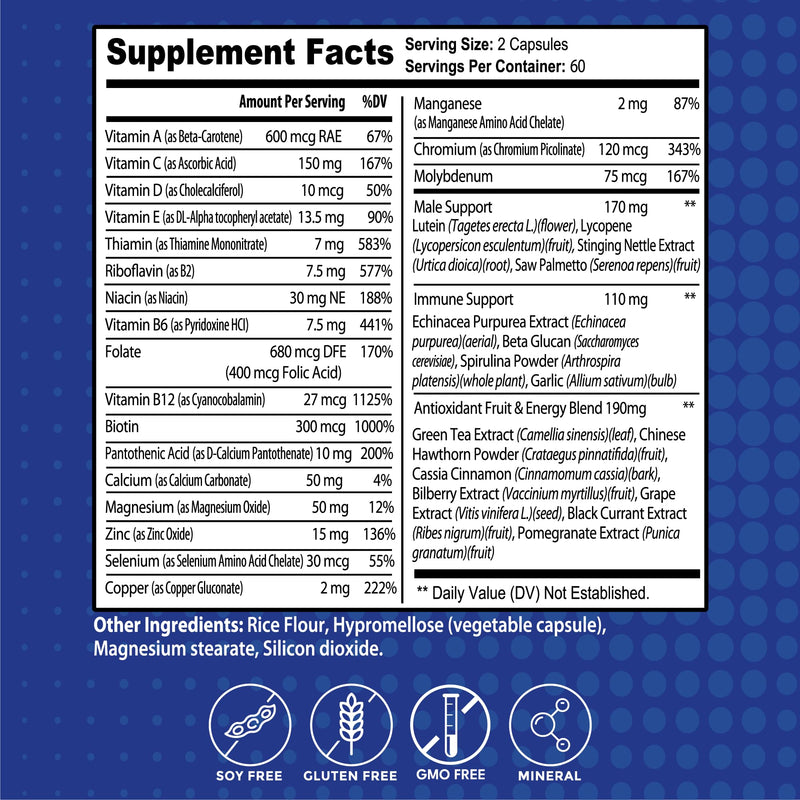 35-in-1 Men's Multivitamins for Immune Support, Stamina & Energy Boost | Men's Health Supplement with Vitamins & Antioxidants | VIT C, B-Complex, Zinc, Spirulina & More | 120 Count