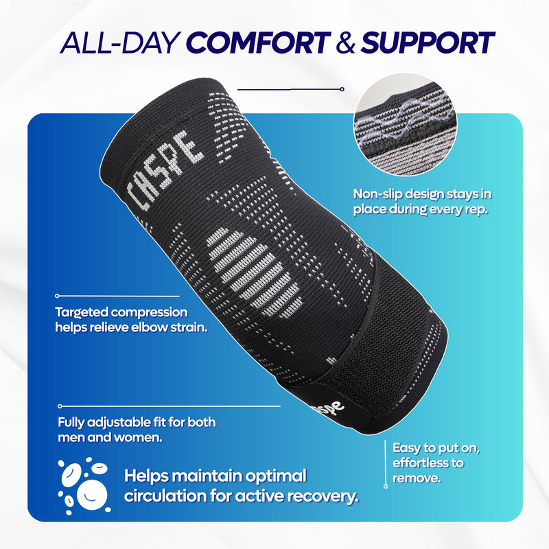 Caspe 2 Pack Elbow Compression Sleeve with Strap – Compression Sleeves for Women & Men, Arm Support, Elbow Brace for Tendonitis Relief, Support for Weightlifting & Workouts (Black) Large