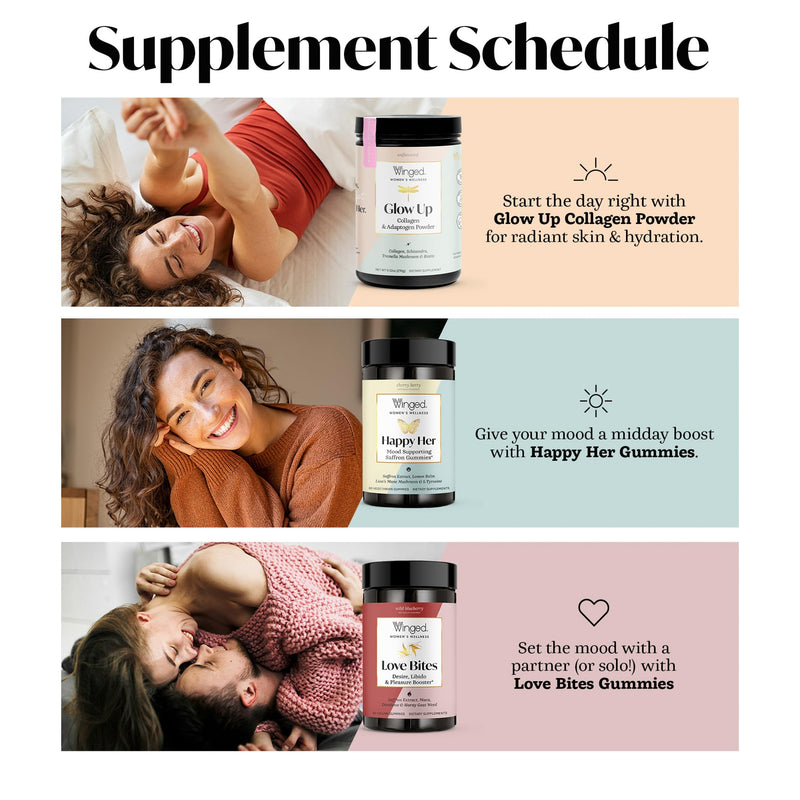 Winged Wellness Happy Her, Daily Mood Support Gummies for Women, 60 Gummies | Daily Mood Enhancer Vegan Supplement - Saffron, L-Tyrosine, Lemon Balm, & Lions Mane Mushrooms for Balance & Calming Relief 60 Count (Pack of 1)