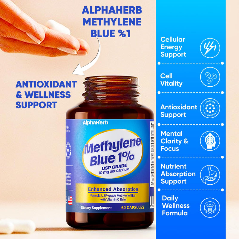 Methylene Blue Pharmaceutical Grade, USP Grade – Enhanced Absorption with Vitamin C Ester & Cacao Powder – Energy, Antioxidant Support & Cognitive Focus – 60 Methylene Blue 1% Vegan Capsules Capsule