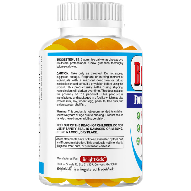 BrightKids Focus Gummies for Kids & Teens – Brain Gummies for Memory and Focus, Omega 3 DHA Brain Vitamins for Kids, Attention & Learning Support Childrens Vitamins, Drug-Free, Made in USA, 60 Count