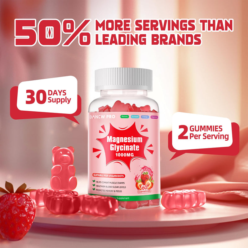 Magnesium Glycinate Gummies 1000mg - Sugar Free Magnesium Potassium Supplement with Vitamin D, B6, CoQ10 for Calm Mood & Sleep Support - 60 Strawberry Gummies 60 Count (Pack of 1)