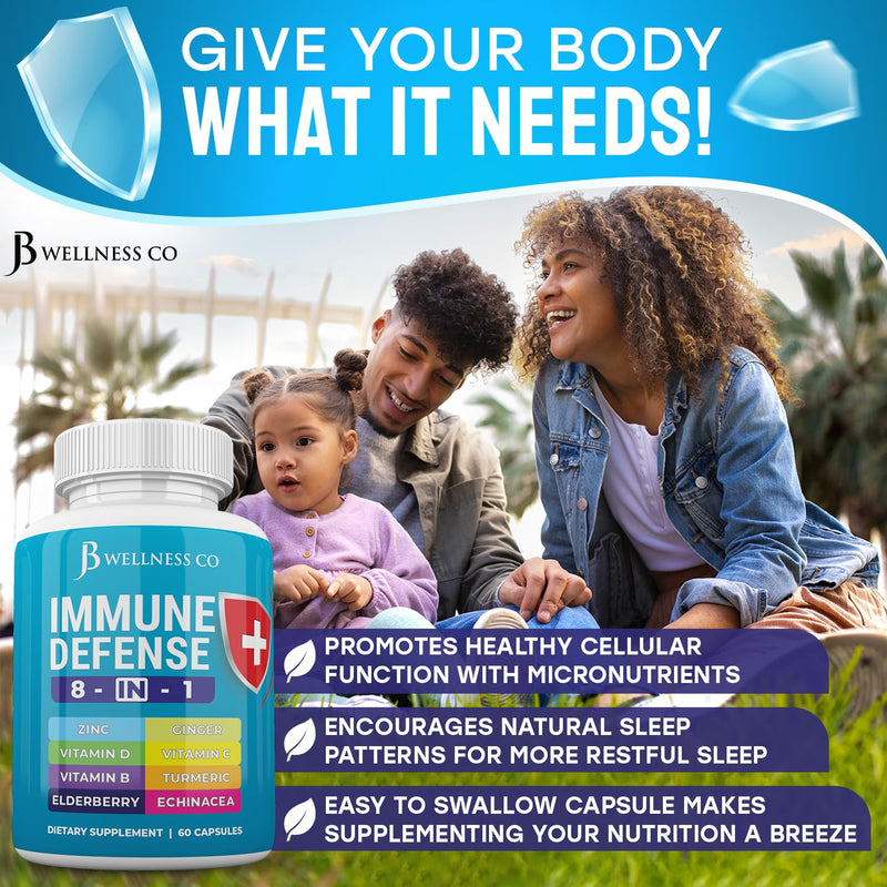 JB Wellness Co Immune Support 8 in 1 Capsules - Zinc Supplement, Vitamin D3, Vitamin C and Elderberry - Immune Booster Supplement with Echinacea, Ginger Root, and Turmeric - [3-Pack, 180 Count] 180 Capsules (Pack of 3)