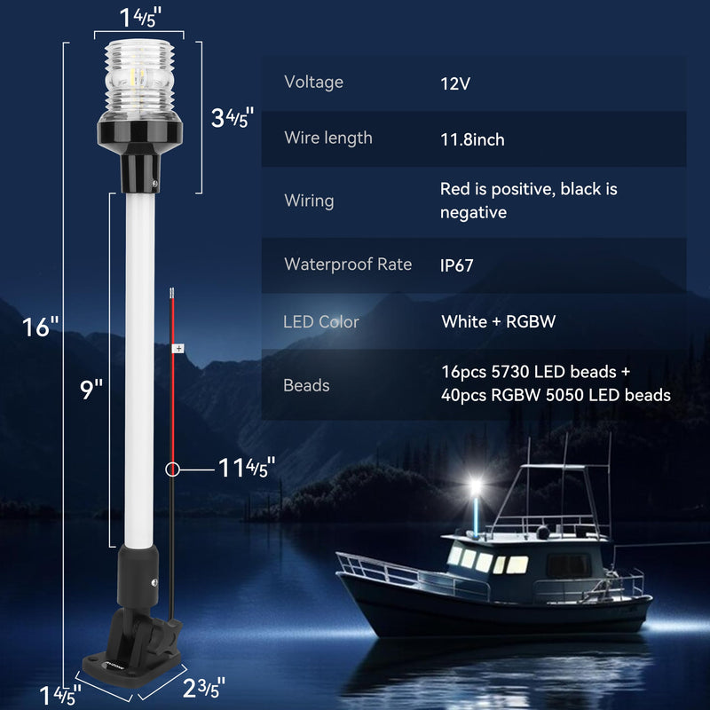 RVZONE 16inch Anchor Light RGBW Boat Stern Light IP67 Waterproof with Remote Control 180°Fold Down Marine Navigation Lights for Boats LED for Pontoon, Jon Boat, Bass Boat, Fishing Boats (16 inch) 16 inch