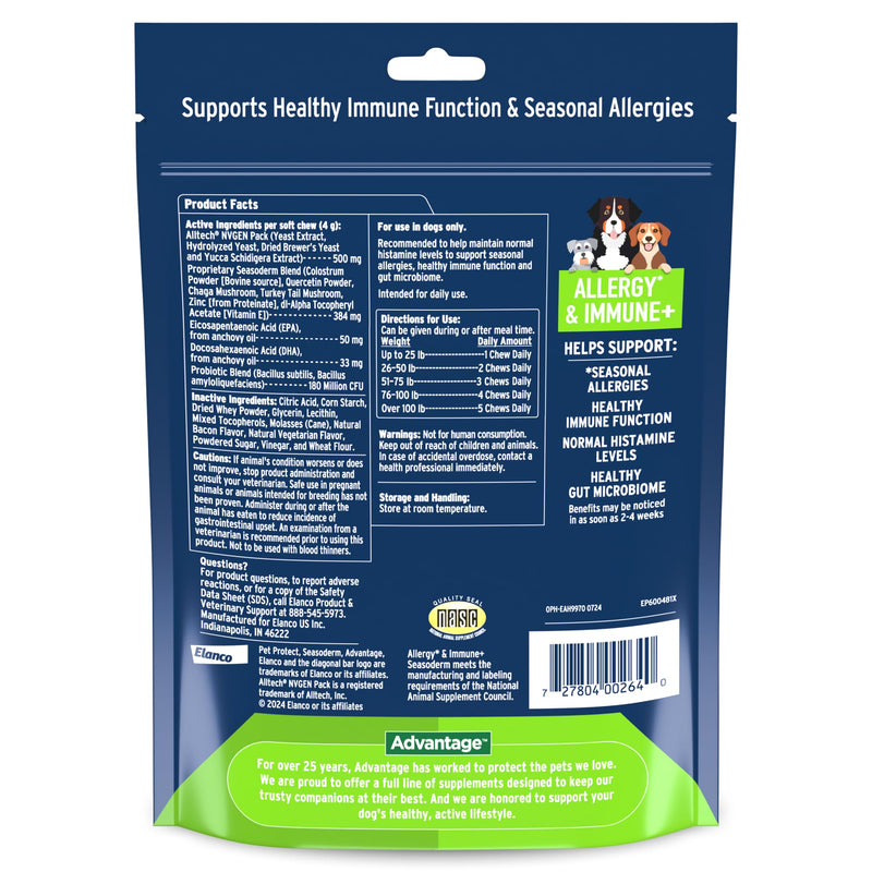 Pet Protect Dog Allergy* & Immune+, Itchy Skin Support, Vet-Formulated Seasoderm, Bacon-Flavored Soft Chews (60 Count)