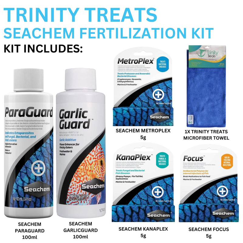Trinity Treat ParaGuard 100ML, GarlicGuard 100ML, Focus 5g, kanaplex 5g Metroplex 5g for Freshwater and Saltwater Including Microfiber Cleaning Cloth(ParaGuard, GarlicGuard, Kanaplex Focus Metroplex) - BeesActive Australia