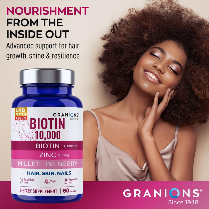 Granions Biotin 10,000 mcg Hair, Skin and Nails Pills - Extra Strength Biotin Complex with Zinc, Selenium, Millet, Bilberry, Aminos - Hair Growth Vitamins Supplement for Women & Men - 60 Tablets Biotin Tablets