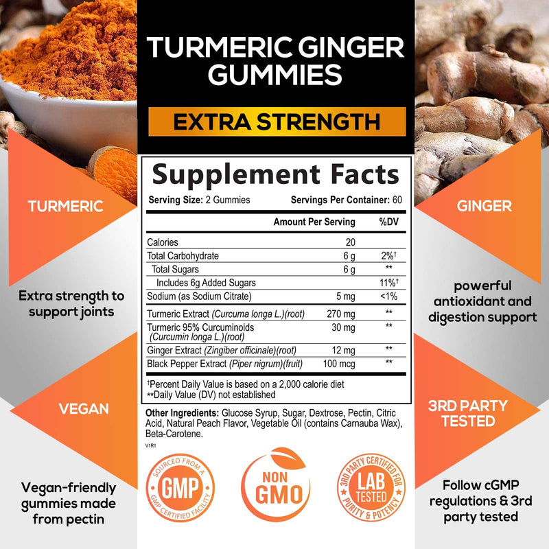 Turmeric Curcumin & Ginger Gummies 95% Curcuminoids with Black Pepper Extract for Max Absorption Joint Support, Nature's Tumeric Herbal Extract Supplement, Vegan Gummy Capsules, Non-GMO - 120 Gummies 120 Count (Pack of 1) - BeesActive Australia