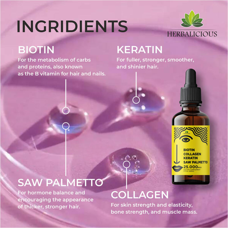 Liquid Collagen Supplements for Women - Comprehensive Formula Hair Skin Nails Supplement with 10000mcg Collagen 5000 mcg Biotin 5000 mcg Keratin 5000 mcg Saw Palmetto, Made in USA, 2fl oz